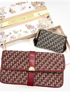 Auth Christian Dior Oblique Trotter Wallet & Kiss Lock Coin Purse W/box